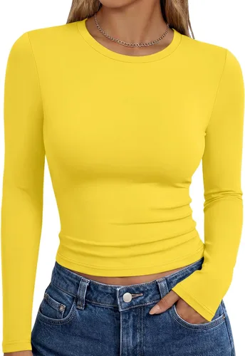 Vista 17 de Trendy Queen Camisetas de manga larga para mujer, camisetas básicas de Verde militar