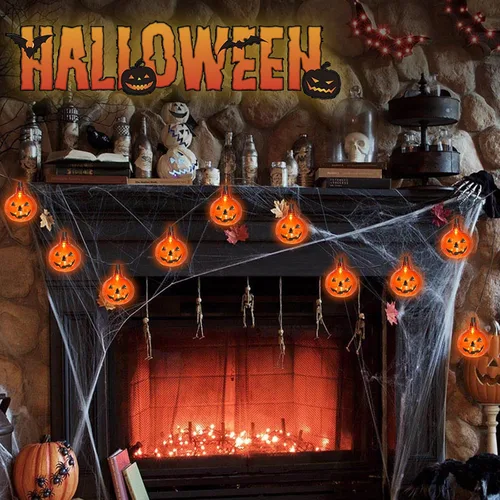 Vista 6 de Couah Guirnalda de luces LED de calabaza de Halloween, luces de linterna Jack O de 8.5 pies con 10 calabazas enchufables, impermeables