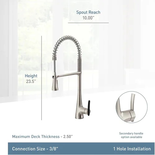 Vista 5 de Moen Sinema S5235 - Grifo de cocina con resorte cromado con pre-enjuague y potenciador de potencia, grifo de cocina moderno, una manija de fácil