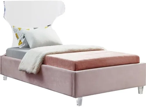 Vista 7 de Meridian Furniture Colección Ghost Modern Cama tapizada de terciopelo contemporánea con cabecera y patas acrílicas, tamaño individual, color negro