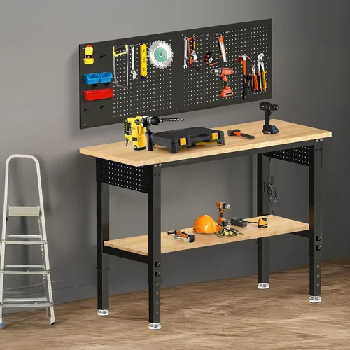 Vista 6 de Banco de trabajo de altura ajustable de 48 x 24 pulgadas, banco de trabajo resistente para garaje con estante debajo de la mesa, mesa de trabajo