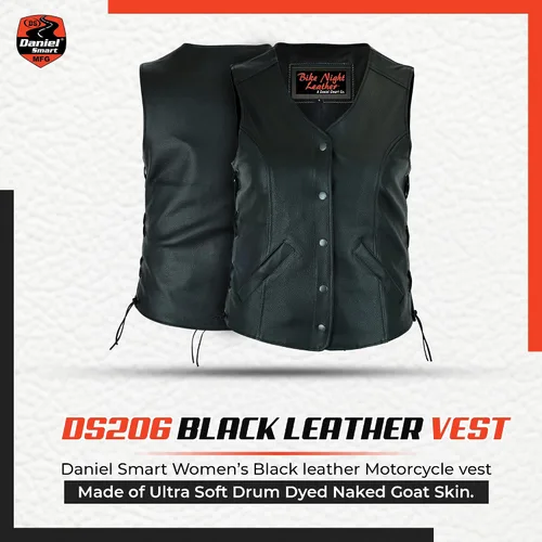 Vista 4 de Daniel Smart Motorcycle Vest for Women Open Neck Leather Vest with Unique Design and Inside Carry Pockets