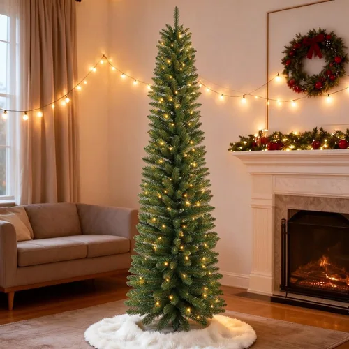 Vista 13 de Árbol de Navidad artificial de 5 pies con lápiz, para el hogar, oficina, decoración de vacaciones, árbol flocado blanco para espacios pequeños