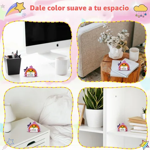 Vista 6 de Muñeca de ganchillo arcoíris positiva hecha a mano con tarjeta de aliento - Decoración inspiradora para escritorio, oficina y hogar - Regalo