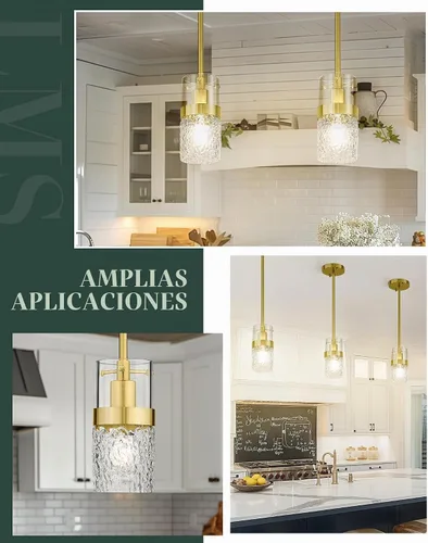 Vista 5 de LMS Lámpara colgante dorada, 1 luz colgante para isla de cocina con vidrio martillado, LMS-171 Oro - Vidrio martillado