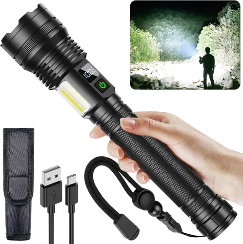 Vista 8 de KZK Linterna recargable de 9000 lúmenes altos con mango largo, potente linterna de mano con 11 modos de luz, impermeable y zoomable para el hogar