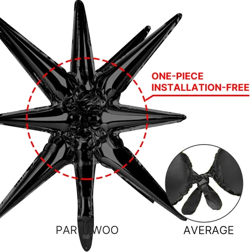 Vista 5 de Globos de papel de aluminio con forma de estrella negra de PartyWoo, 2 piezas de 42 pulgadas, grandes, con puntas explosivas, de Mylar