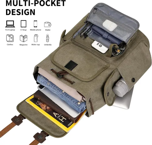 Vista 3 de WITZMAN Mochila de lona para hombre, mochila vintage para laptop de 15.6 pulgadas, mochila de viaje de alta capacidad casual (A8004 verde militar)