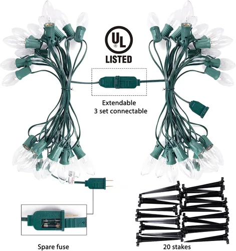 Vista 5 de Brightown Tira de luces LED estilo sendero de Navidad para exteriores; tira de 20 luces LED C9 de 25.7 pies con 20 estacas interconectables y a