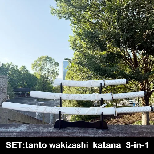 Vista 6 de 3-Piece Set Katana Carbon Steel Blade Japanese Samurai Sword Real,Iaido Samurai Sword Display Decoration Gift Blanco