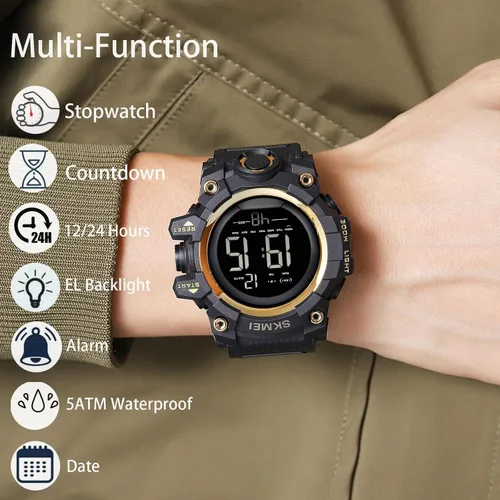 Vista 2 de Gosasa Reloj deportivo digital de cara grande para hombre, reloj de pulsera militar impermeable con temporizador de cuenta regresiva