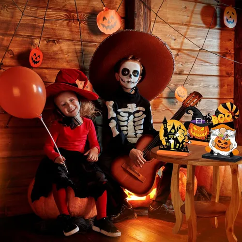 Vista 5 de Soaoo 6 piezas de centros de mesa de madera de Halloween, decoración de centro de mesa de madera de Halloween, letreros de calabaza, gnomo, sombrero