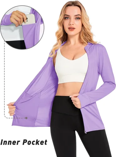 Vista 3 de MAGCOMSEN Chaqueta de protección solar UPF 50+ para mujer, manga larga, con cremallera, ligera, con capucha, para senderismo