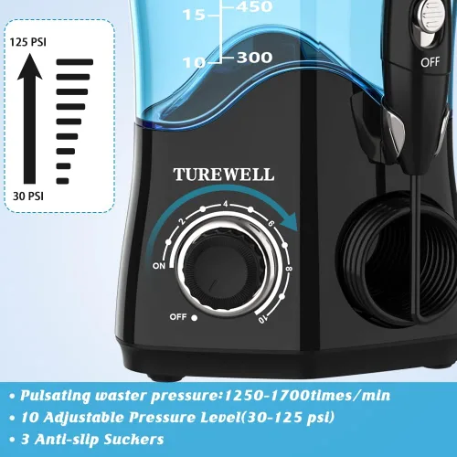 Vista 7 de TUREWELL - Hilo dental de agua para dientes/frenos, limpiador de dientes de agua con 8 puntas de chorro y 10 niveles de presión, irrigador bucal