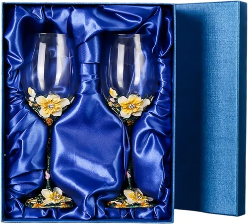 Vista 12 de Copas de vino transparentes hechas a mano, copas de vino tinto, juego de 2 Copas florales esmaltadas en azul, diseño artesanal, juego de 2