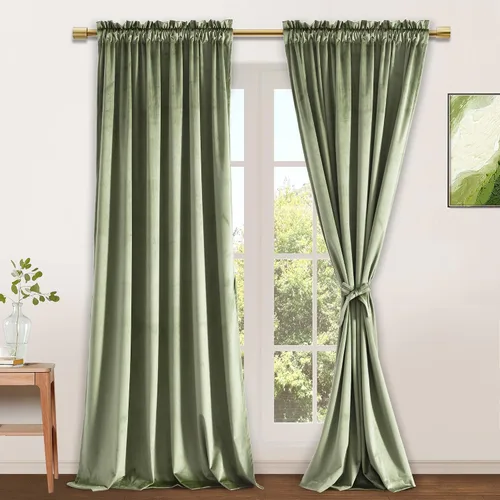Vista 25 de JIUZHEN Cortinas de terciopelo beige de 63 pulgadas de ancho x 63 pulgadas de largo, cortinas de terciopelo retro suaves con bolsillo para barra