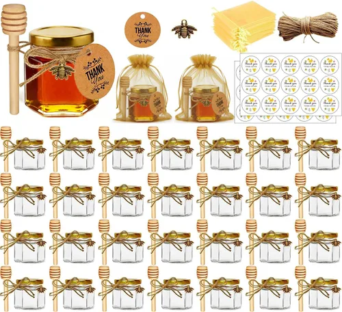 Vista 13 de Adabocute Mini tarros de miel – Tarro hexagonal de miel de vidrio con tapas doradas, cubos de madera, abalorios de abeja y yutes – Pequeños tarros