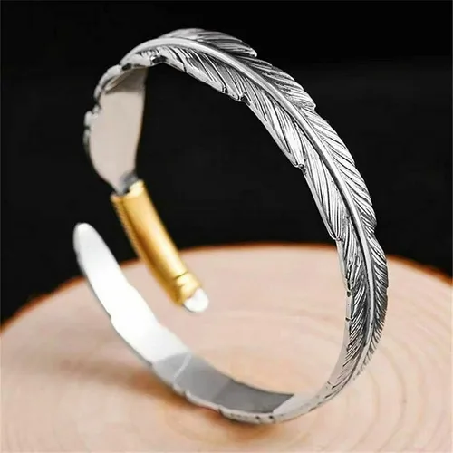Vista 4 de Beccalame Silver Feather Bracelet Lucky Hope Cuff Jewelry Simple Retro For Women Men
