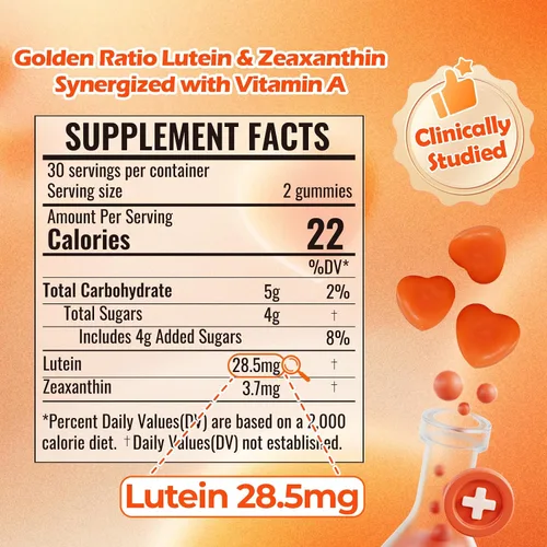 Vista 2 de Gomitas de luteína (60 gomas). Gomitas para ojos con luteína (28.5 mg), zeaxantina y vitamina A (paquete de 30 días), sabor naranja, vegano, sin