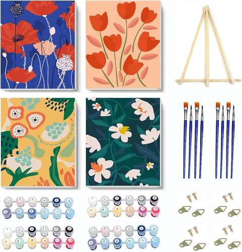 Vista 8 de VIGEGU Paquete de 4 pinturas por números para adultos, lienzo enmarcado, con caballete de madera, pintura por números para niños de 8 a 12 años