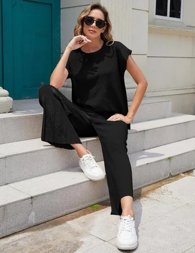 Vista 7 de Aedceal Conjunto de suéter de 2 piezas para mujer, conjunto de descanso de punto, chaleco y pantalones de cintura alta