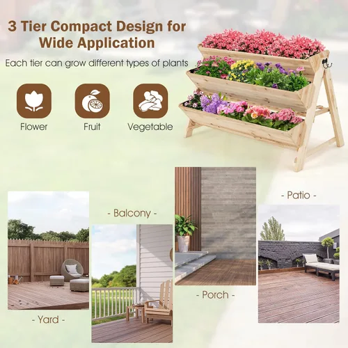 Vista 4 de Giantex Cama de jardín elevada, maceta vertical con estante de almacenamiento, maceta elevada de 3 niveles con ganchos laterales, cama de jardín