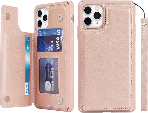 Vista 19 de iCoverCase Funda compatible con iPhone 11 Pro Max con tarjetero para mujer, bloqueo RFID en relieve, piel sintética con correa de muñeca para 11pro