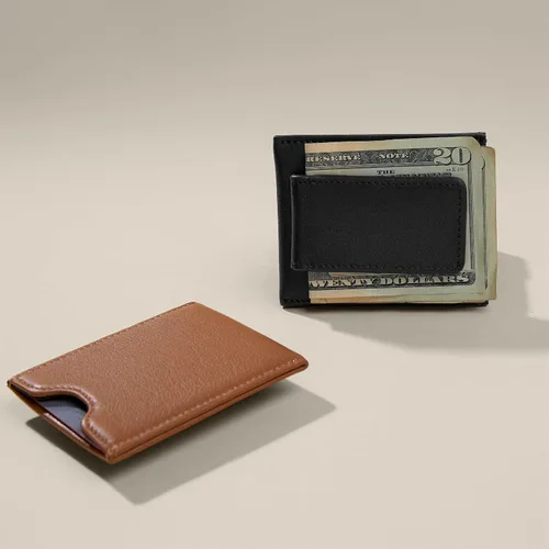Vista 3 de Leatherology Cartera delgada para tarjetas con clip para dinero para hombre, Aceite Negro, Cartera con tarjetero
