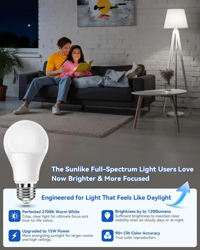 Vista 3 de Neporal - Foco de luz de espectro completo de 15 W, focos de luz solar natural sin UV de 2700 K, foco LED de 15 W equivalente a 100 W, CRI 90+, sin