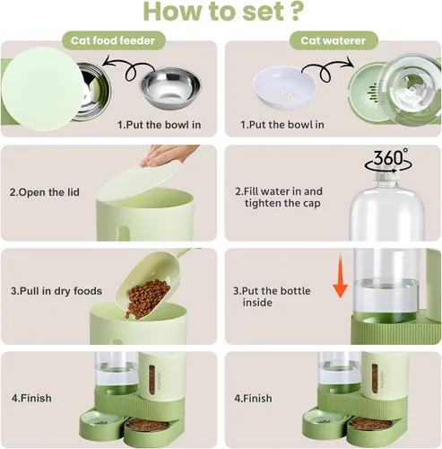 Vista 5 de Paquete de 2 alimentadores automáticos para gatos, dispensador de agua de acero inoxidable, alimentador de alimentos por gravedad y bebedero
