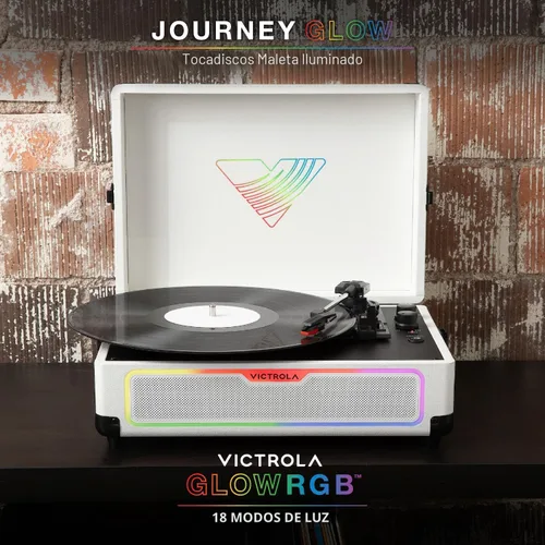 Vista 2 de Victrola Journey Glow - Tocadiscos de maleta iluminada - 18 efectos de luz RGB, altavoces estéreo con graves mejorados, transmisión Bluetooth (negro)