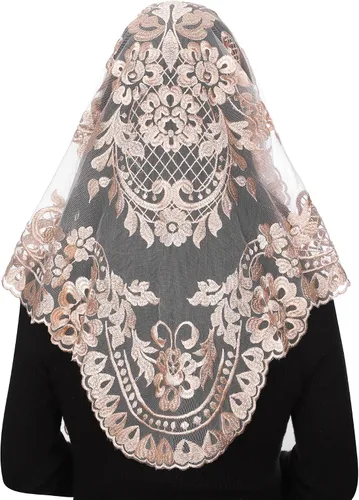 Vista 8 de Bozidol Velos de Mantilla de Capilla Católica en Triángulo - Bufanda Corta de Embroidería de Camelia para Misa Latina, Velo de Iglesia de Encaje