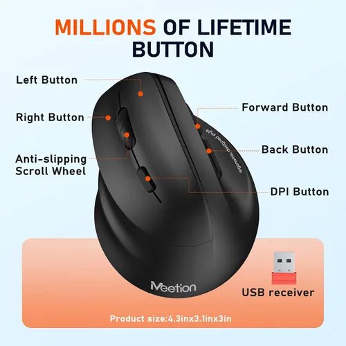 Vista 5 de MEETION Ratón ergonómico para zurdos, ratón inalámbrico vertical RGB recargable, Bluetooth (5.2 + 3.0) y USB-A con adaptador USB-C, 4 DPI