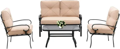 Vista 8 de Banco de Patio, Columpio Deslizante de Porche Sofá de Dos Plazas Mecedora para Exteriores, Silla de Marco de Acero con Cojín Grueso (Marrón)