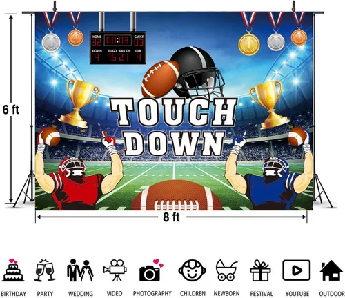 Vista 6 de Football Party Backdrop Touch Down Sports Match Medal Trophy Football Field Photography Background Kids Adults Boys Football Sports Themed Birthday