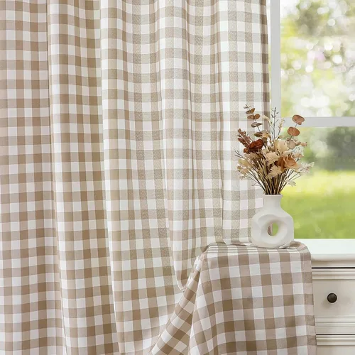 Vista 4 de WUBODTI Cortinas de filtrado de luz a cuadros beige y blanco de 63 pulgadas de largo, 2 paneles de 63 pulgadas de largo, bolsillo para barra, no se