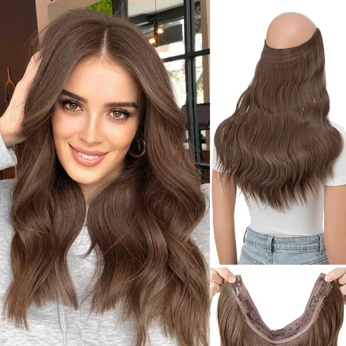 Vista 10 de Extensiones de cabello de alambre transparente invisible con 3 clips seguros, diadema ajustable, tamaño ondulado, rizado, largo, sintético