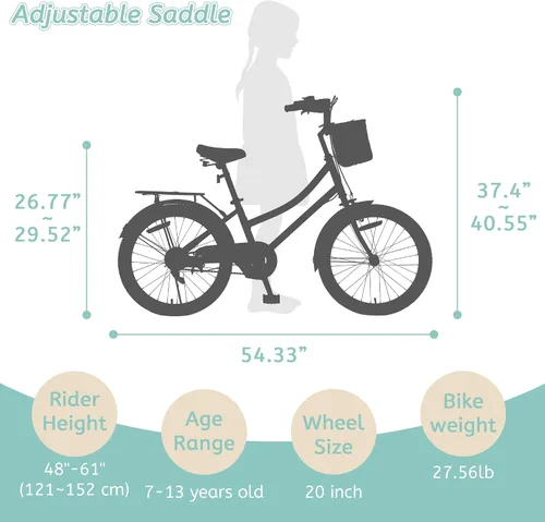 Vista 2 de Bicicletas para niñas de 8 a 12 años, bicicleta para niñas de 20 pulgadas con canasta, bicicletas ligeras para niños con freno en V delantero +