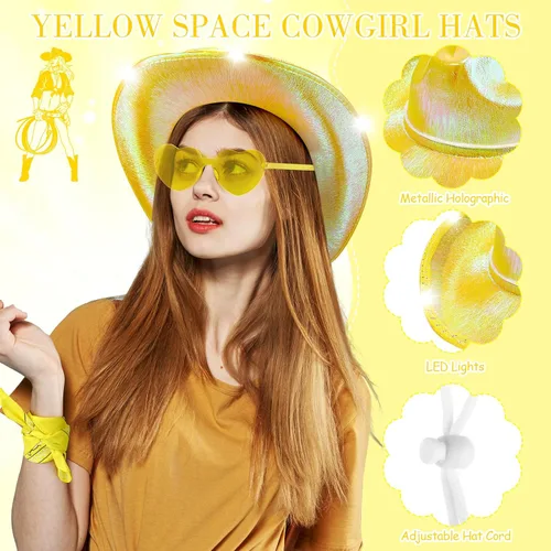 Vista 2 de Unittype Paquete de 18 sombreros de vaquero, sombrero de vaquera para novia, sombrero LED de vaquero espacial con 6 gafas, 6 bandana para mujer