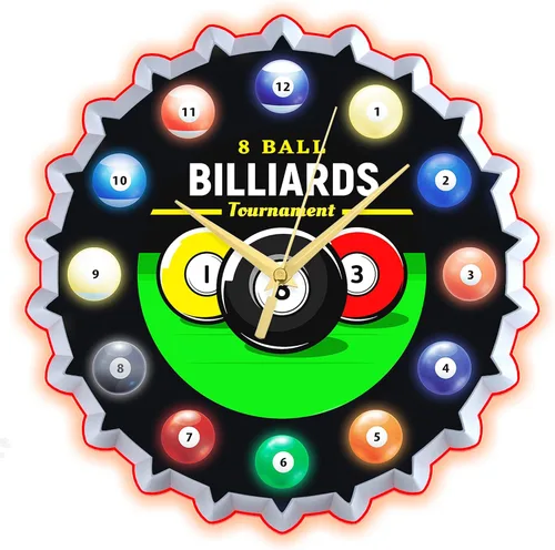 Vista 9 de Reloj de pared de neón, 12 pulgadas con gráficos de billar 8 bolas de billar, impresionante efecto de brillo 3D, silencioso sin tictac, para sala