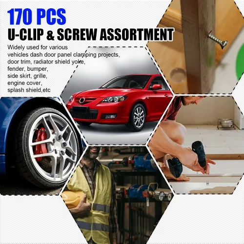 Vista 5 de Kit surtido de 170 tornillos y clips automotrices, kit surtido de clips en U y tornillos para automóvil, 9 tamaños diferentes para tuercas