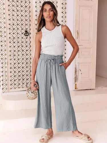 Vista 2 de ANRABESS Pantalones de lino para mujer, estilo casual, holgados, cintura alta, cordón de pierna ancha, pantalones capri palazzo con bolsillos
