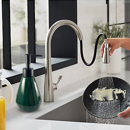 Vista 2 de Dispensador de jabón de cerámica recargable negro mate para baño y cocina, dispensador de jabón verde de 8.5 onzas con diseño minimalista moderno