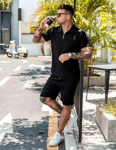 Vista 3 de URRU Conjunto de camisa polo y pantalones cortos para hombre trajes de verano a la moda casual manga corta traje polo para hombre 2 piezas