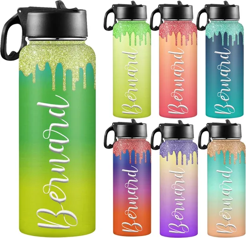 Vista 19 de Botellas de agua personalizadas para niñas, de acero inoxidable con aislamiento de doble pared con pajita, botella de agua de color degradado