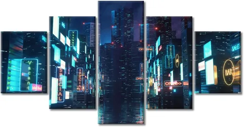 Vista 312 de Cuadros de 5 paneles de Cyberpunk City, arte de pared, representación de vallas publicitarias, edificios modernos en la capital con obras de arte