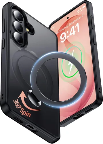 Vista 19 de Funda para Samsung Galaxy S24+ Plus, compatible con MagSafe, con soporte de anillo magnético giratorio de 360° [carga inalámbrica], soporte de Negro