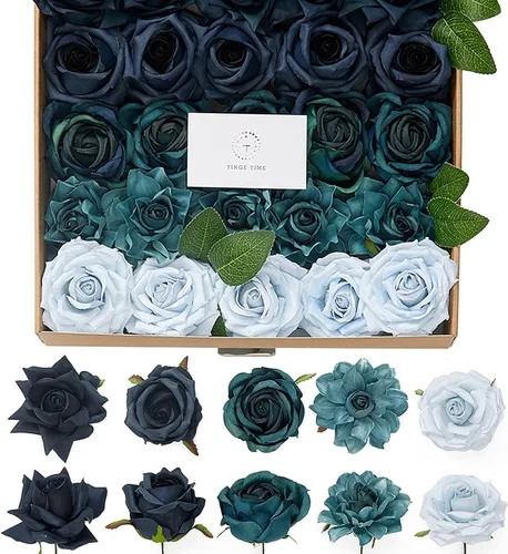 Vista 11 de TINGE TIME - Flores artificiales, 25 piezas, rosas azules degradado de aspecto real con tallo para manualidades, ramos de novia, centros de mesa