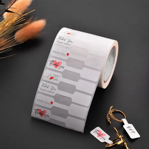 Vista 3 de 1000 etiquetas de joyería de 4 diseños mixtos, calcomanías autoadhesivas enrolladas rectangulares, etiquetas de precio de joyería para collares