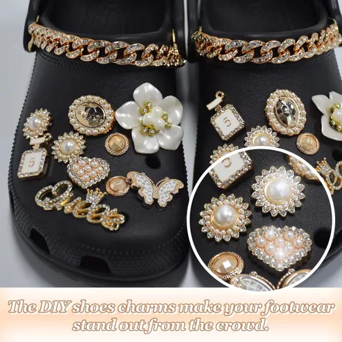 Vista 3 de Abalorios brillantes para zapatos de oro femenino, accesorios de zapatos de cadena brillante para mujeres, zuecos de flores, joyas, joyas